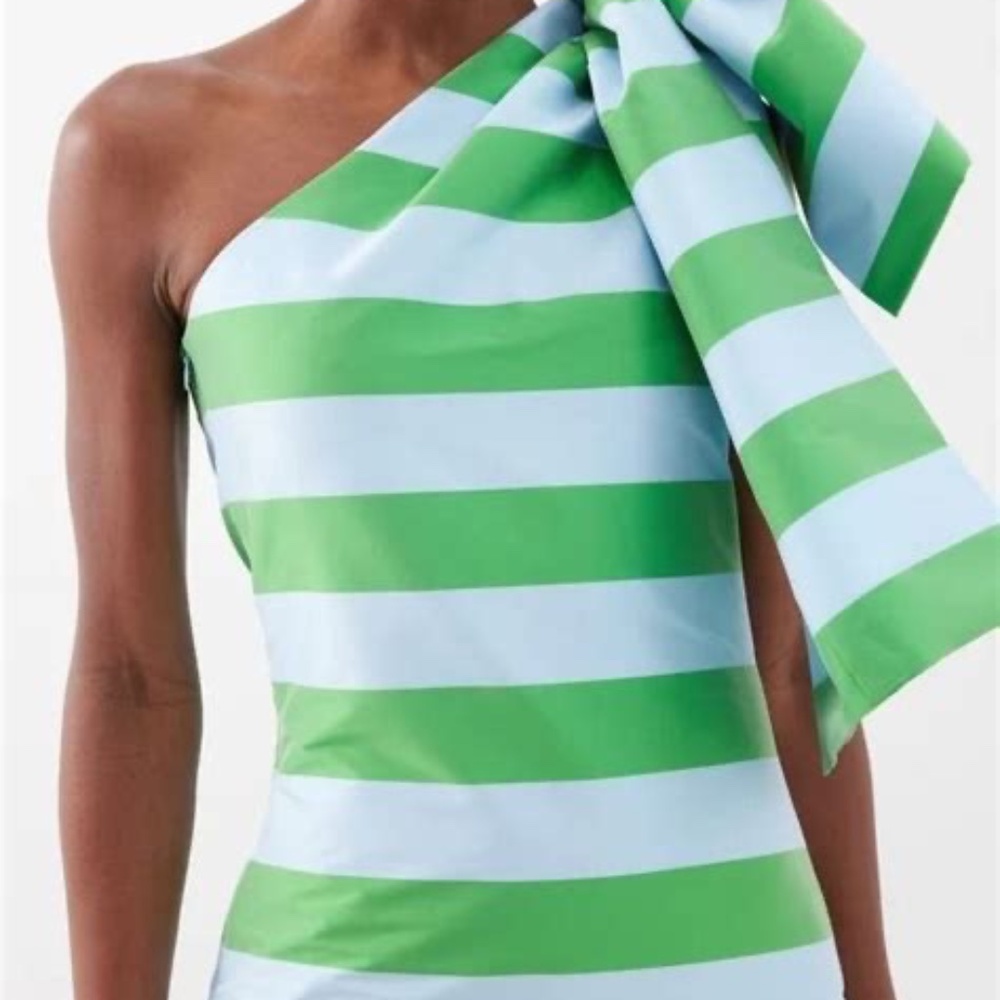 Bernadette - Josselin Bow-shoulder Striped Taffeta Dress - Women's - Green Blue - Picture 2 of 3